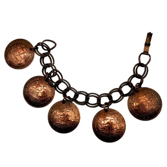 Vintage 1950s South African Coin Charm Bracelet Copper Five Cent Travel Chain - Picture 1 of 14